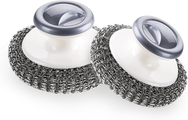 BLIGKO 2Pcs Stainless Steel Scrubber with Handle, Steel Wool Scrubber Tool for Cleaning Dishes, Scrubbing Scouring Brush Pad for Kitchen Pots, Pans, Sink - Image 1